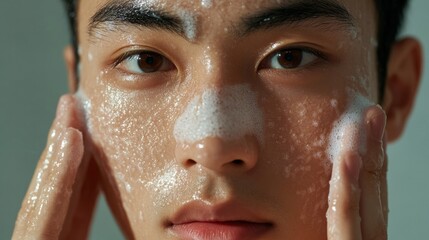 Close-up of a young Asian man exfoliating his skin with a gentle scrub to maintain a smooth and clear complexion.