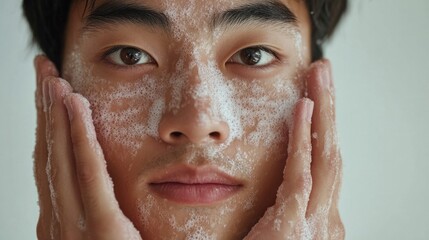 Close-up of a young Asian man exfoliating his skin with a gentle scrub to maintain a smooth and clear complexion.