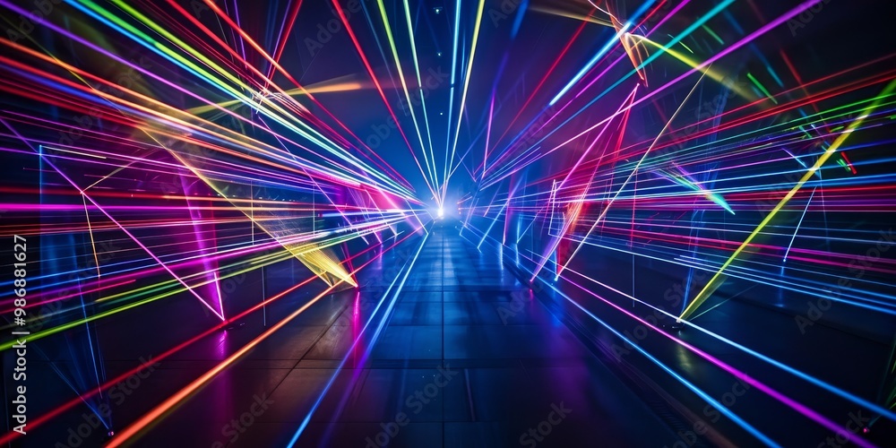 Poster captivating laser light display with a range of vivid colors creating dynamic patterns and reflectio