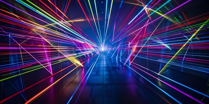 Captivating laser light display with a range of vivid colors creating dynamic patterns and reflections in a dark setting, perfect for entertainment and nightlife visuals