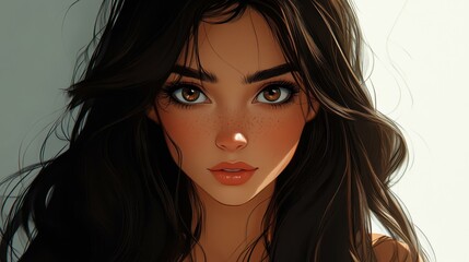 Create a comicstyle profile image featuring an Asian character with long brown hair, big eyes, and a sweet smile.