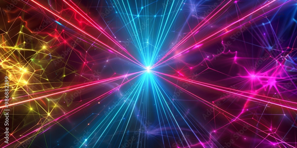 Poster energetic and colorful laser lights producing vibrant and intricate patterns against a dark backgrou