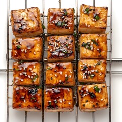 Grilled Tofu with Teriyaki Glaze on Stainless Steel Bar Grill against White Background