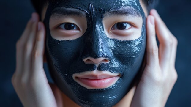 Young Asian man applying a charcoal face mask, focusing on detoxifying and deep cleansing for clear skin.
