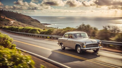 Fototapeta premium Retro car on the street with coastal view