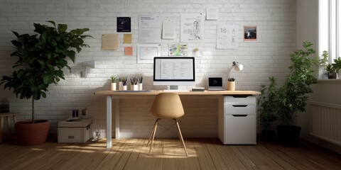 Fototapeta premium A minimalist home office setup with desk, computer, chair, potted plants, white brick wall, and pinned papers.
