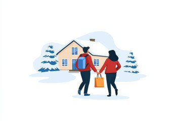 Cozy winter lodge with couple walking hand in hand, enjoying snowy landscape. They carry shopping bags, ready for warm retreat