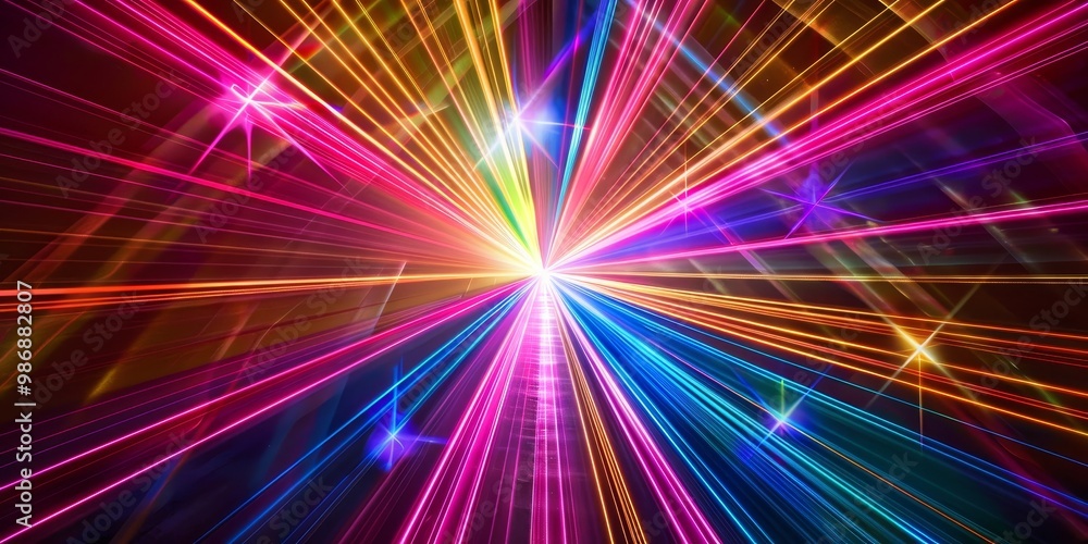 Poster dynamic display of colorful laser lights with beams in various hues creating engaging patterns and e