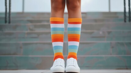 A photo of a teen girl with mismatched socks and white sneakers, promoting inclusivity and awareness.