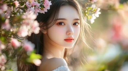 Fototapeta premium A radiant young woman in a flowing white dress, her elegance and charm captivate everyone around her with ease.