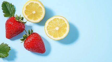 Fresh Strawberries and Lemon on Blue Background