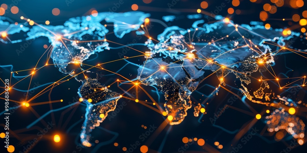 Poster stylized image of a wan symbol uniting continents with a web of glowing connections and nodes, set a