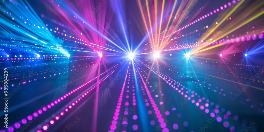 Poster dynamic display of colorful laser lights with beams in various hues creating engaging patterns and e