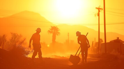 Construction workers laboring in extreme heat during a heat wave.