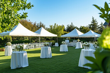 Elegant outdoor event setup with white tents and beautifully arranged tables in a scenic garden under a clear blue sky