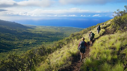 Hikers ascending a steep trail on Hawaii Island with panoramic views