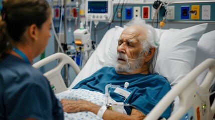 Old Patient Lying in Bed: A Senior Man Receiving Medicine and Treatment from a Nurse in a Hospital Room, Focusing on Health Care and Recovery from Illness