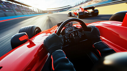 Naklejka premium High-speed Formula 1 cockpit view racing to the finish line with intense competition on a modern race track.