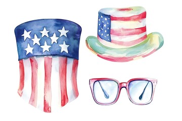 Fototapeta premium 4th July festive vector set isolated on white background. USA Independence Day elements with American flag, sweets, balloons, fireworks, glasses, garland. For Poster, Banner for sale, web template