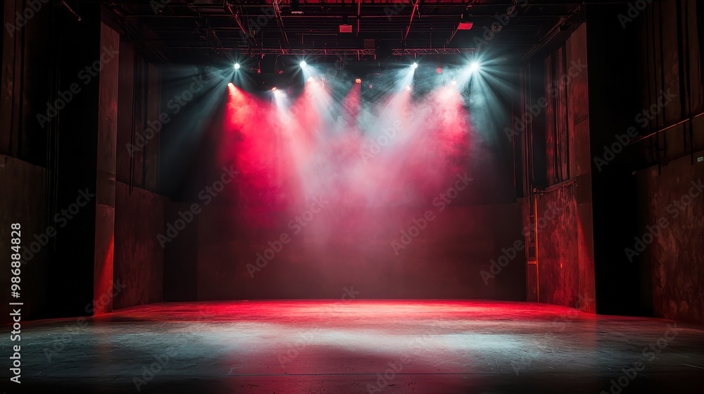 Poster modern dance performance setting, a vibrant backdrop with a spotlight illuminating an empty stage, a