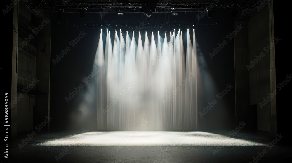 Poster vibrant stage illumination, a contemporary dance stage with dynamic light curtains creating vertical
