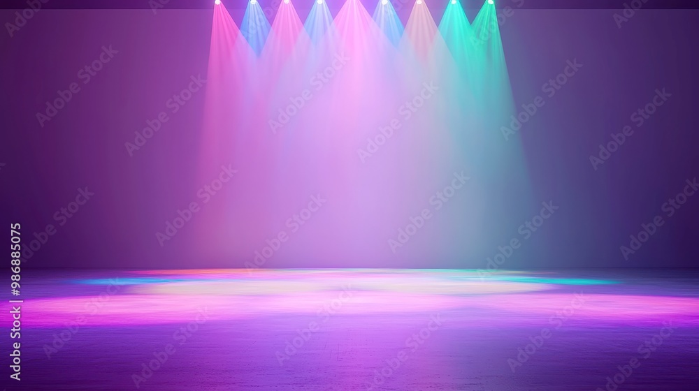 Poster vibrant dance stage illumination, an empty stage awash in kaleidoscopic light patterns from rotating