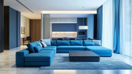 Modern blue interior design, sleek and stylish,