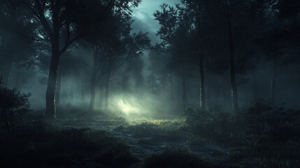 Obraz premium Eerie forest at night with thick fog swirling among trees, creating mysterious atmosphere. dim light adds to haunting beauty of scene, evoking sense of wonder and intrigue