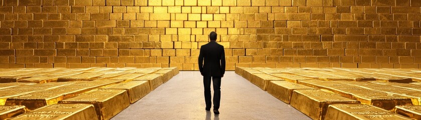 A businessman stands before a wall of golden bricks, symbolizing wealth and success.