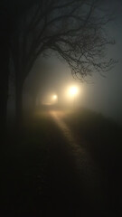 Fototapeta premium fog covered road winds through dark landscape, illuminated by soft streetlights. atmosphere evokes sense of mystery and tranquility
