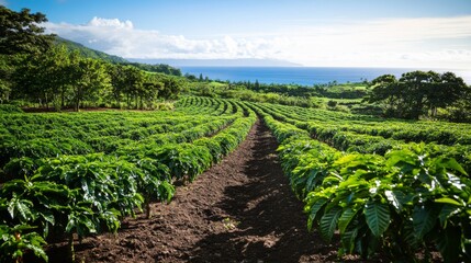 Rows of coffee plants on Hawaii Island with the ocean visible in the distance