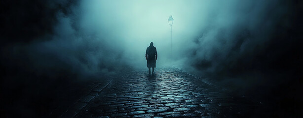 mysterious figure walks down foggy cobblestone street, illuminated by distant streetlamp. atmosphere is eerie and haunting, evoking sense of suspense and intrigue