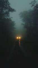 Naklejka premium mysterious fog covered road leads into unknown, illuminated by headlights of car. surrounding trees create eerie atmosphere, enhancing sense of adventure