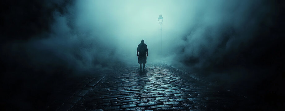 mysterious figure walks down foggy cobblestone street, illuminated by distant streetlamp. atmosphere is eerie and haunting, evoking sense of suspense and intrigue