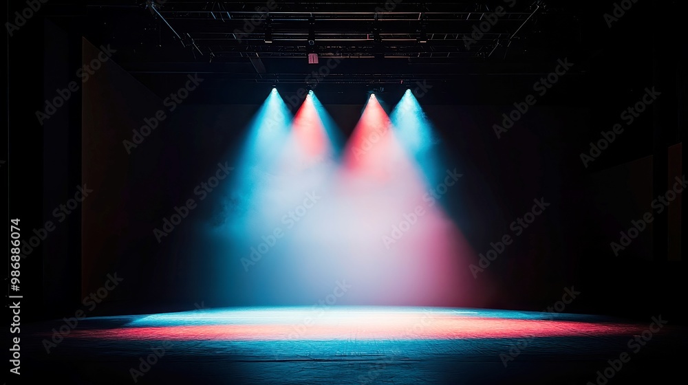 Poster vibrant dance stage with spotlight, an empty stage illuminated by artistic lighting, featuring multi