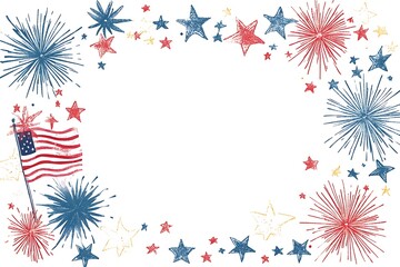 Fototapeta premium Fourth of July banner. USA flag and fireworks explosions. Independence day national holiday we are closed template.