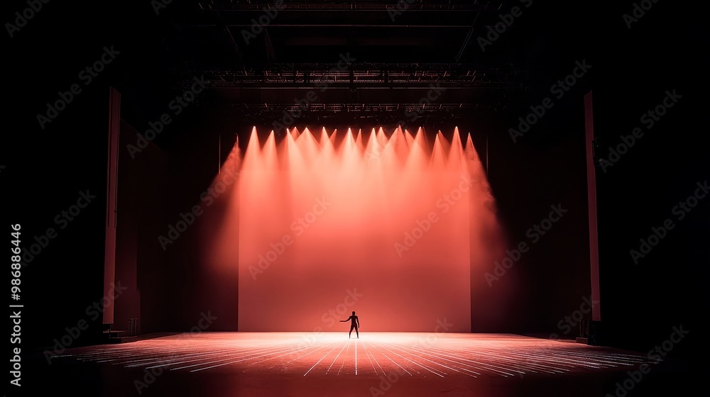 Poster vibrant modern dance stage, showcasing a spotlight on an empty stage, designed for contemporary perf