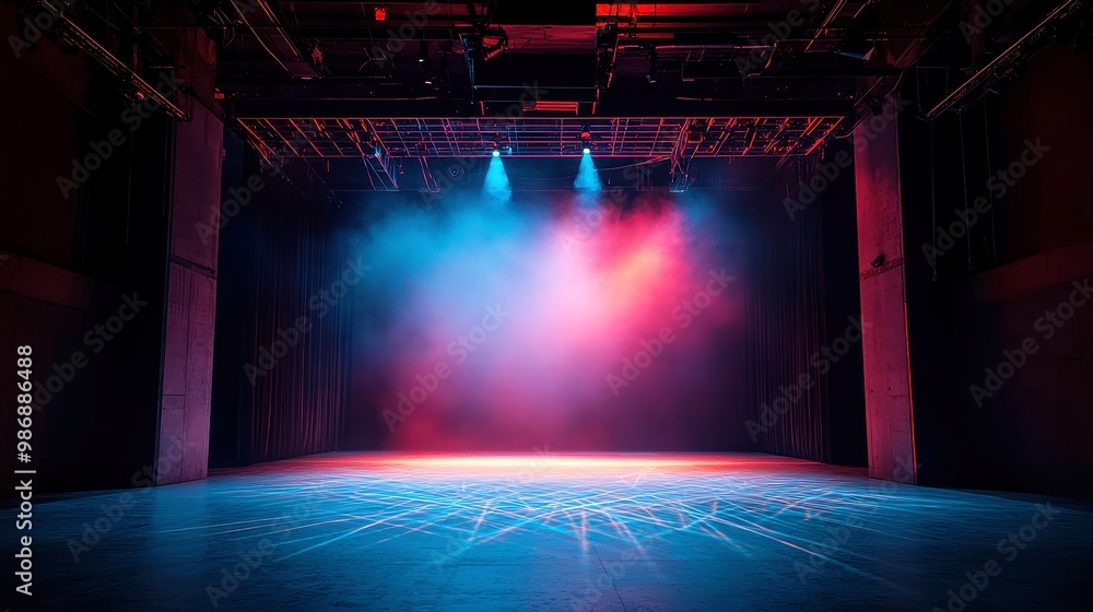 Poster modern dance stage illumination, vibrant backdrop with a spotlight on an empty stage, artistic light