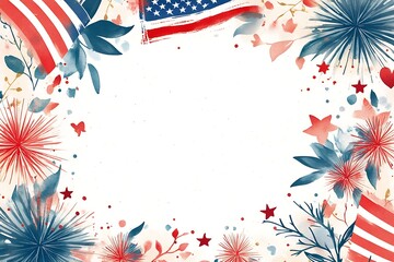Fourth of July banner. USA flag and fireworks explosions. Independence day national holiday we are closed template.