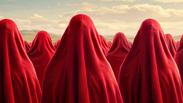 An enigmatic gathering of figures in red cloaks amidst mysterious surroundings, enveloped in secrecy and symbolism.
