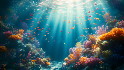 A dreamy underwater scene with schools of colorful fish, corals, and rays of sunlight penetrating through the water’s surface