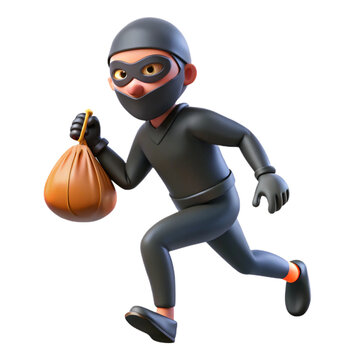  thief black mask  with a bag hands runs 3d cartoon style illustration