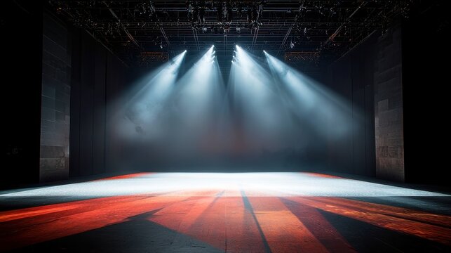Vibrant Modern Dance Stage, illuminated with artistic lighting elements, featuring a spotlight on an empty stage, colored gobos casting dynamic shadows and enhancing the performance atmosphere.