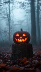 glowing jack o lantern sits atop mossy stump in foggy forest, surrounded by fallen leaves. eerie atmosphere evokes sense of Halloween mystery and excitement