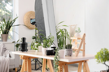 Plants with camera on table in photo studio