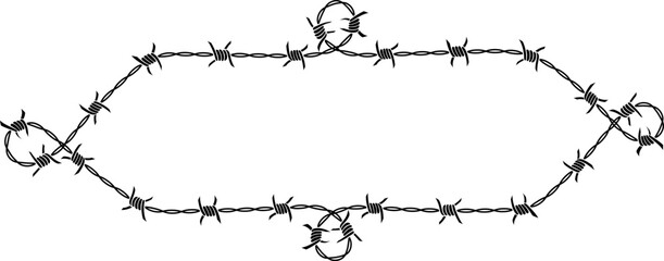 Silhouette barbed wire frame corner, coiled into a hexagon shape.