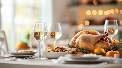 A beautifully arranged Thanksgiving dinner featuring roasted turkey, garnishes, and elegant table settings with wine glasses.