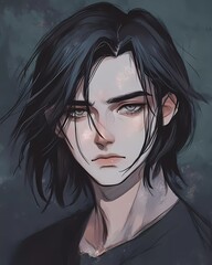 An anime-style portrait of a young man with shoulder-length black hair and pale skin.