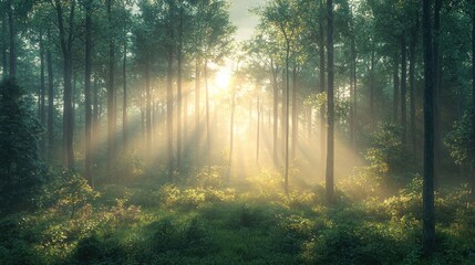 Obraz premium Sunlight filtering through a serene forest landscape