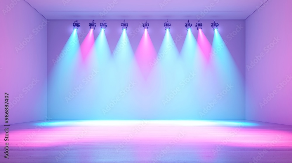 Poster dynamic dance stage, a vibrant illuminated backdrop featuring a spotlight on an empty stage, designe